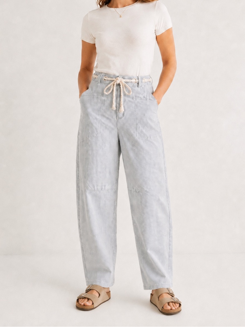 Railroad Stripe Straight Barrel Pants J.O.A. Size L Rope Belt Utility